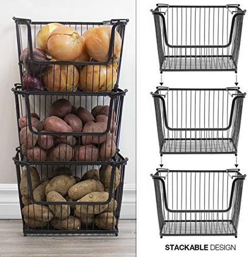 Farmhouse Scoop Storage Bin Wire Baskets with Handles, Stackable Basket Set Organizers for Home-Kitchen Pantry-Bathroom, Laundry, Closet Organization, Iron Metal (2-Pack, Black)