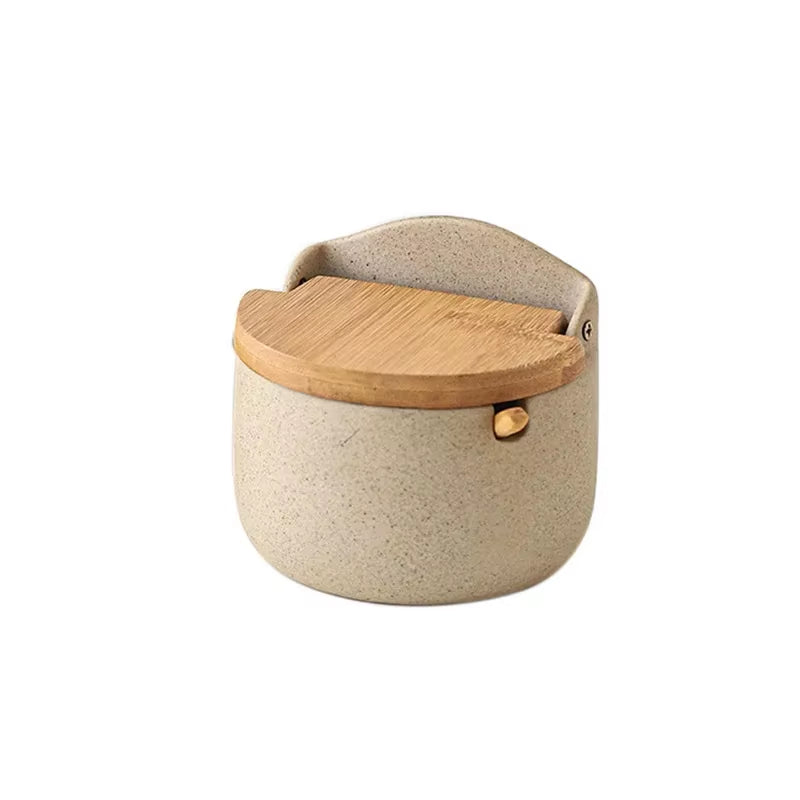 Japanese Style Ceramic Seasoning Jar Bamboo Lid Spice Jar with Spoon Kitchen Sugar Salt Spices Storage Box Household Container