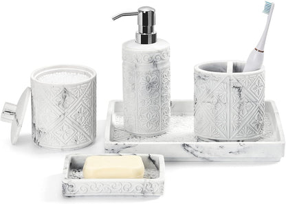 Bathroom accessories set featuring a soap dispenser, toothbrush holder, soap dish, and tray in elegant marble design.