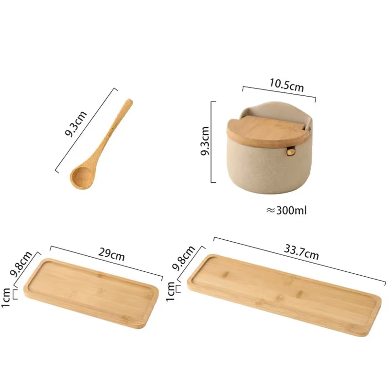 Japanese Style Ceramic Seasoning Jar Bamboo Lid Spice Jar with Spoon Kitchen Sugar Salt Spices Storage Box Household Container
