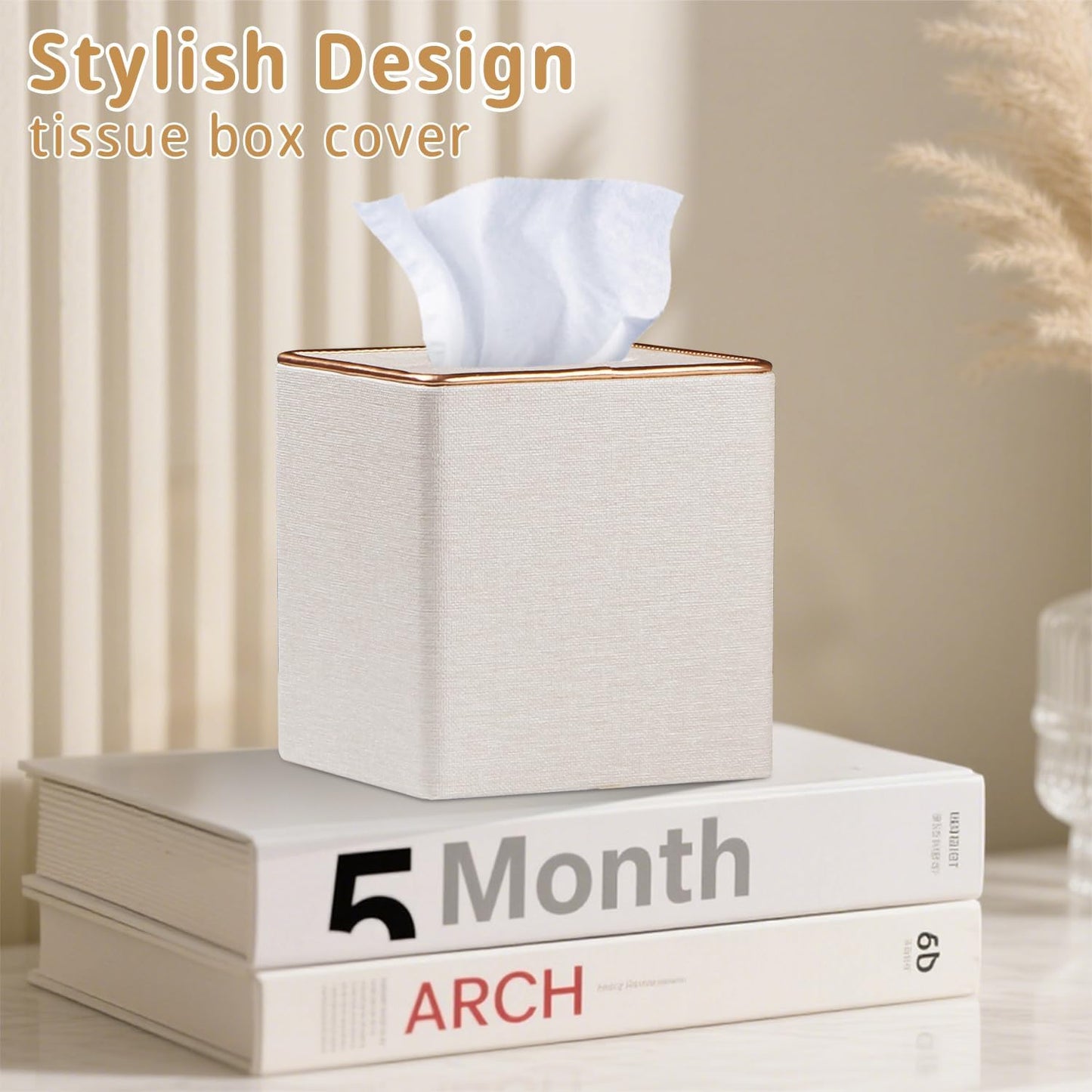 Leather Tissue Box Cover Square,Decorative Cube Tissue Box Holder with Magnetic Bottom,Facial Paper Organizer Table Napkin Case Dispenser for Bathroom Nightstand Coffee Car Home Office,Beige