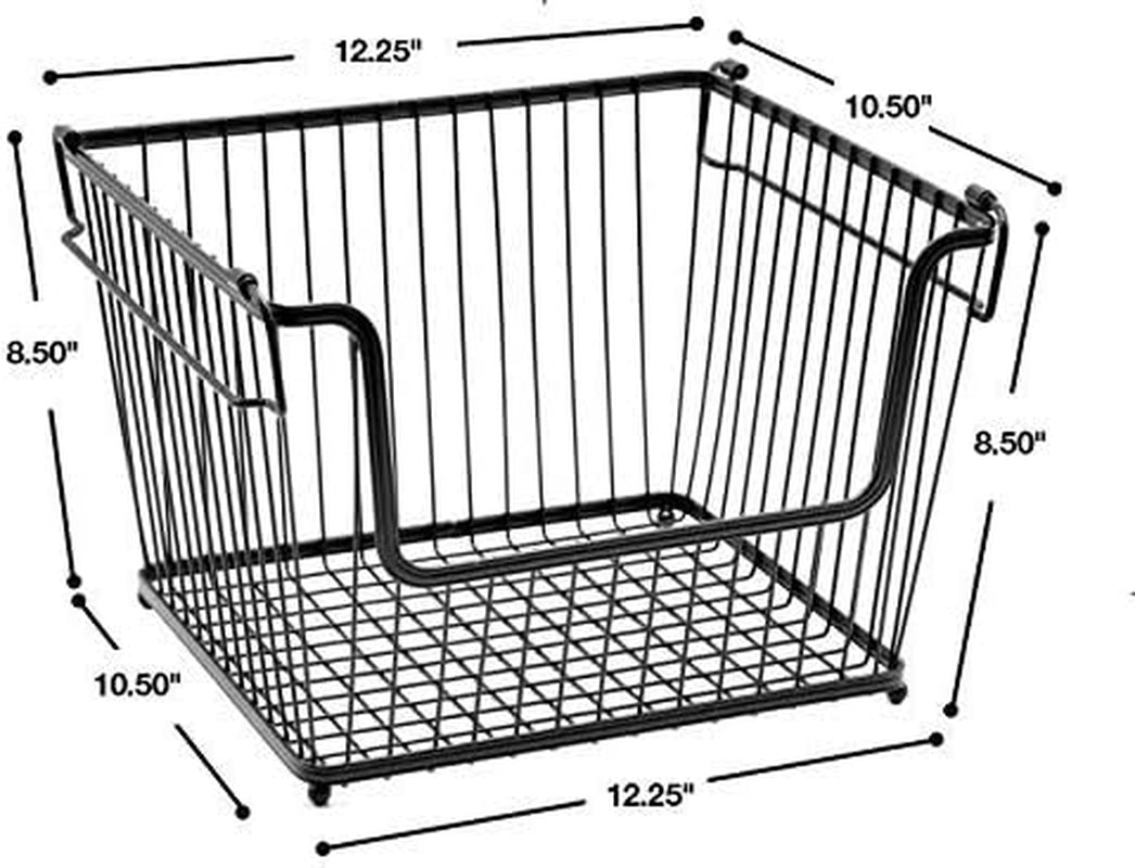 Farmhouse Scoop Storage Bin Wire Baskets with Handles, Stackable Basket Set Organizers for Home-Kitchen Pantry-Bathroom, Laundry, Closet Organization, Iron Metal (2-Pack, Black)