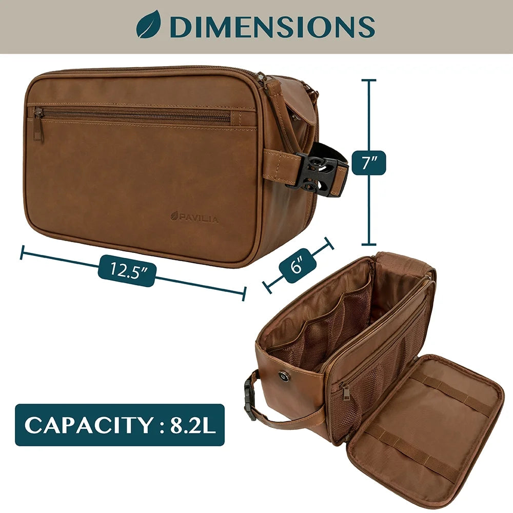 Mens toiletry bag dimensions 12.5 x 7 x 6 inches with 8.2L capacity for travel organization.