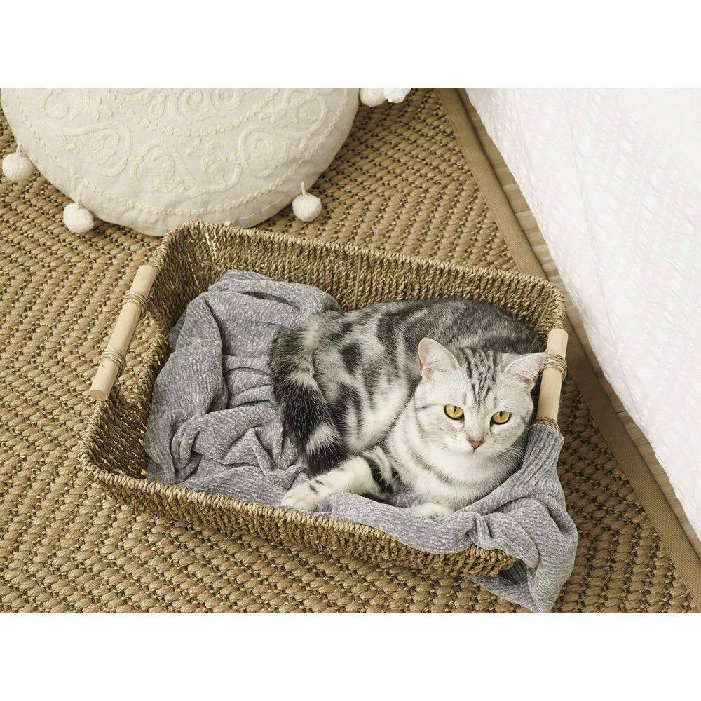 2-Piece 17.25 In. Natural Seagrass Storage Basket Set with Wooden Handles, Hand-Woven Organizing Baskets