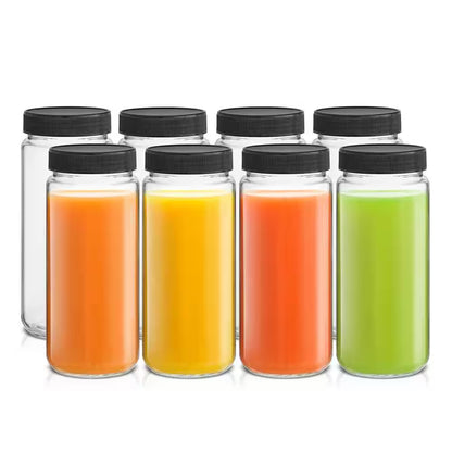 Reusable Glass 16 Oz. Black Juice Bottles with Lids (Set of 8)