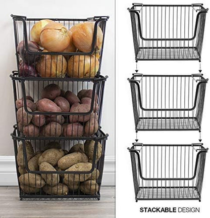 Farmhouse Scoop Storage Bin Wire Baskets with Handles, Stackable Basket Set Organizers for Home-Kitchen Pantry-Bathroom, Laundry, Closet Organization, Iron Metal (2-Pack, Black)
