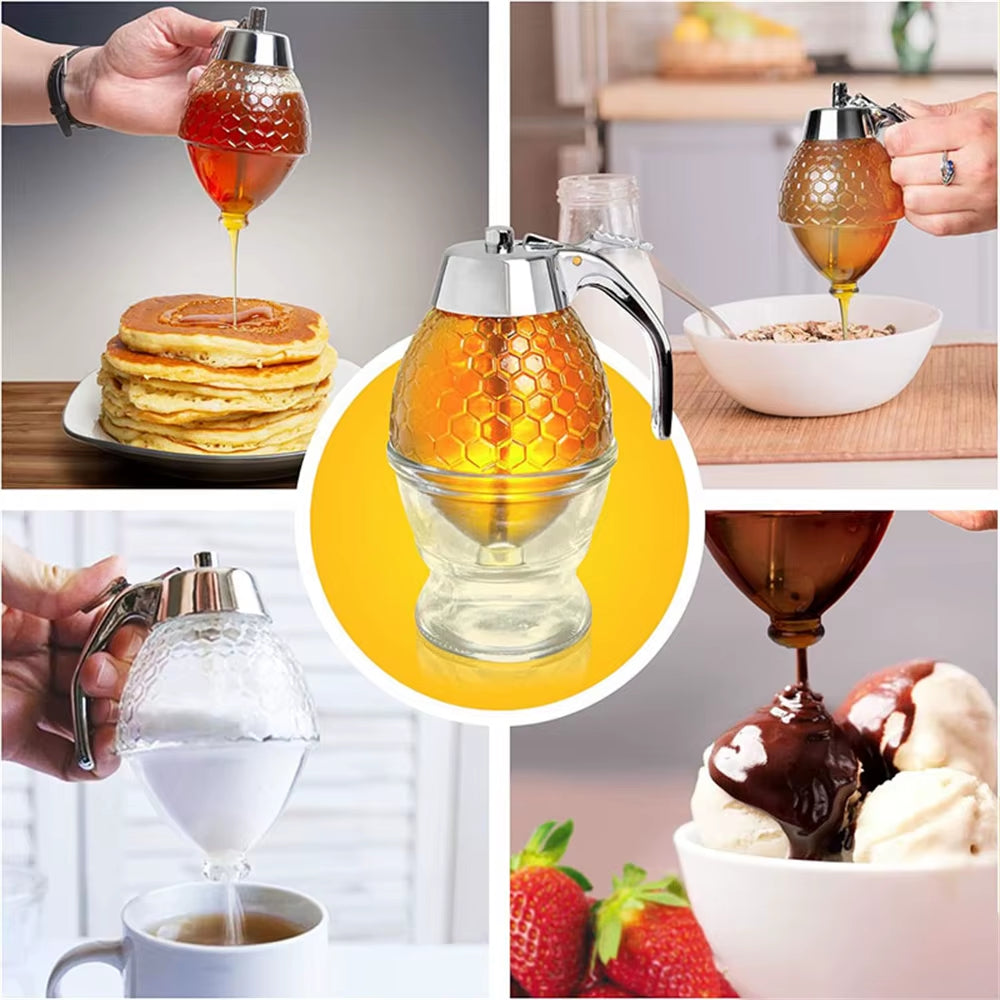 1Pc No Drip Glass Honey Dispenser with Stand Juice Syrup Cup Squeeze Bottle Storage Pot Honey Jar Container Kitchen Accessories