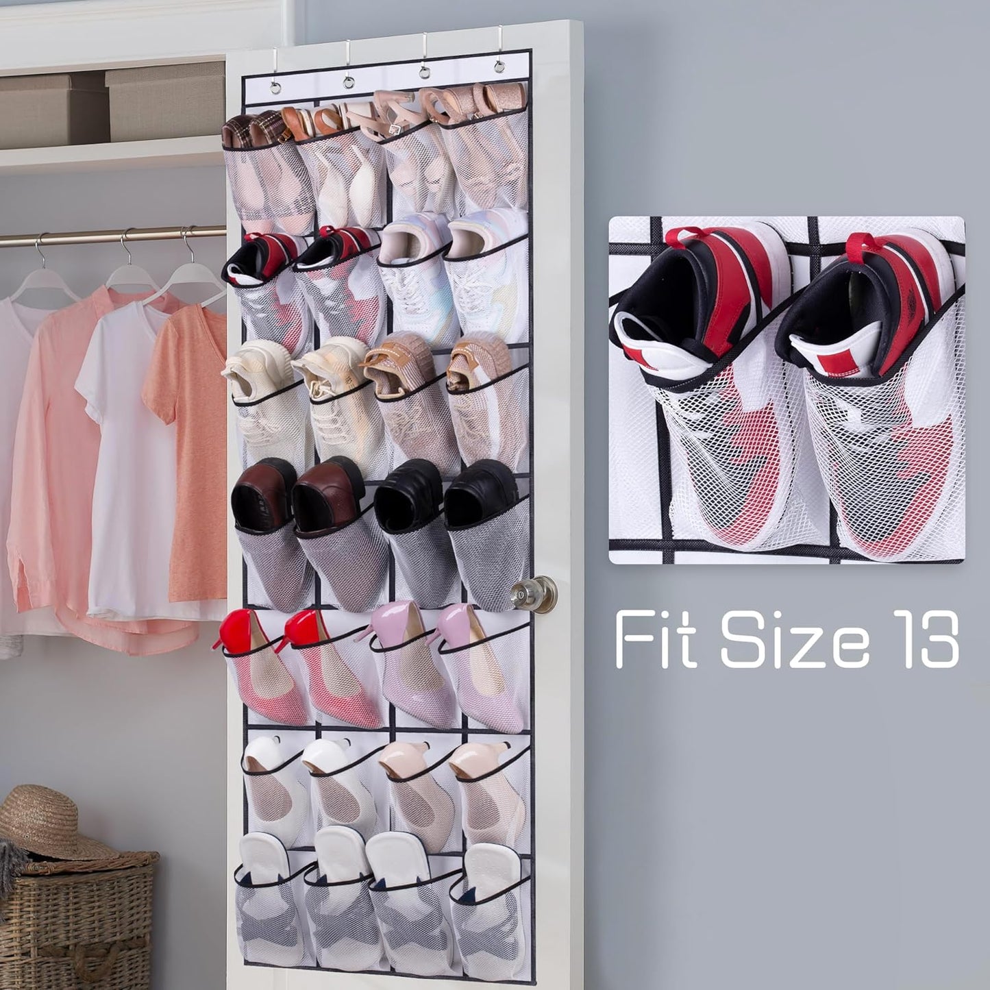 28 Large Mesh Pockets over the Door Shoe Rack, Hanging Shoe Organizer for Closet Hanging Sneaker Holder Hanger, White