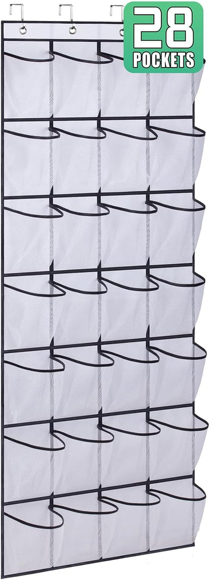 28 Large Mesh Pockets over the Door Shoe Rack, Hanging Shoe Organizer for Closet Hanging Sneaker Holder Hanger, White