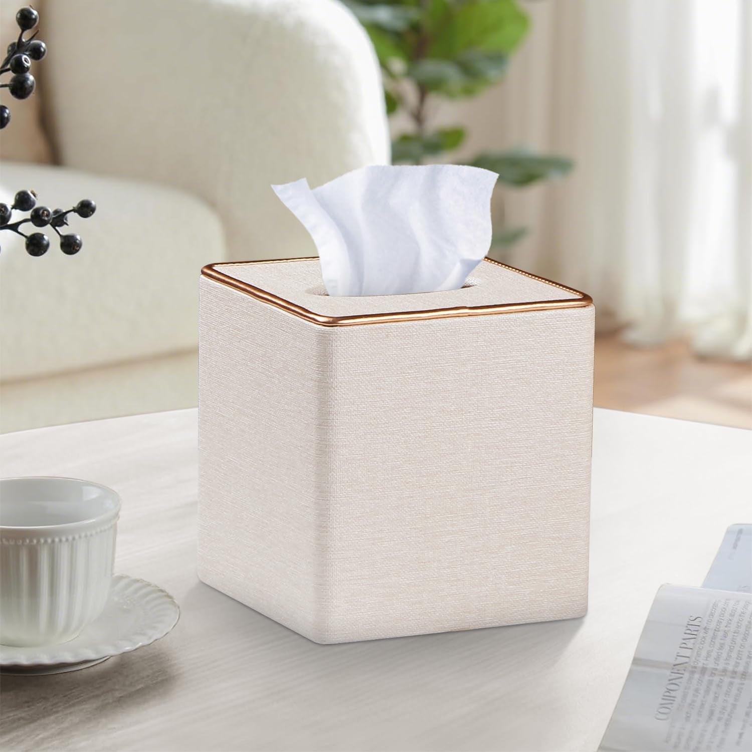 Leather Tissue Box Cover Square,Decorative Cube Tissue Box Holder with Magnetic Bottom,Facial Paper Organizer Table Napkin Case Dispenser for Bathroom Nightstand Coffee Car Home Office,Beige