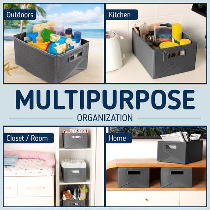 Collapsible Decorative Plastic Storage Bins, Set of 3, Grey