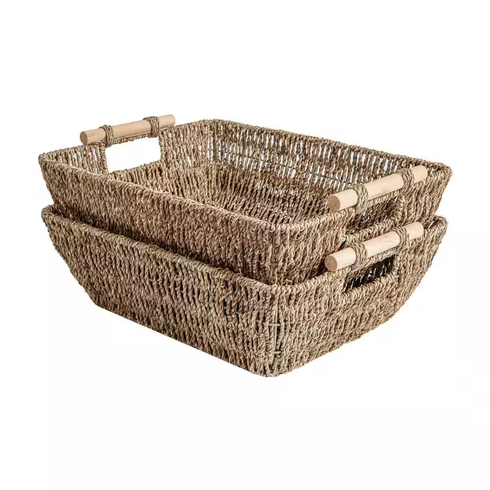 2-Piece 17.25 In. Natural Seagrass Storage Basket Set with Wooden Handles, Hand-Woven Organizing Baskets