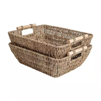 2-Piece 17.25 In. Natural Seagrass Storage Basket Set with Wooden Handles, Hand-Woven Organizing Baskets