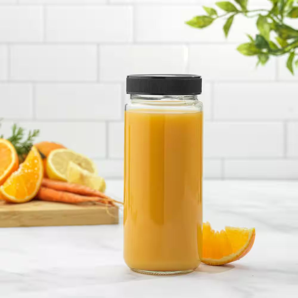 Reusable Glass 16 Oz. Black Juice Bottles with Lids (Set of 8)