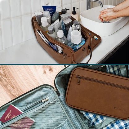 Mens toiletry bag organized with toiletries at sink and open compartment showcasing passport and pockets.