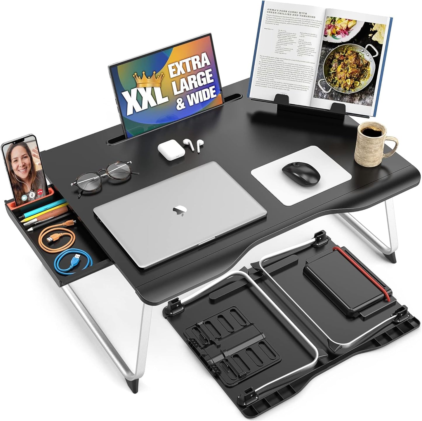 Mega Table plus Premium XXL Extra Large Laptop Desk for Bed, Table for Laptop in Bed, Desk for Floor | Portable, Folding Legs, Book Stand, Tablet Groove, Drawer, Extra Wide Surface (Black Onyx)