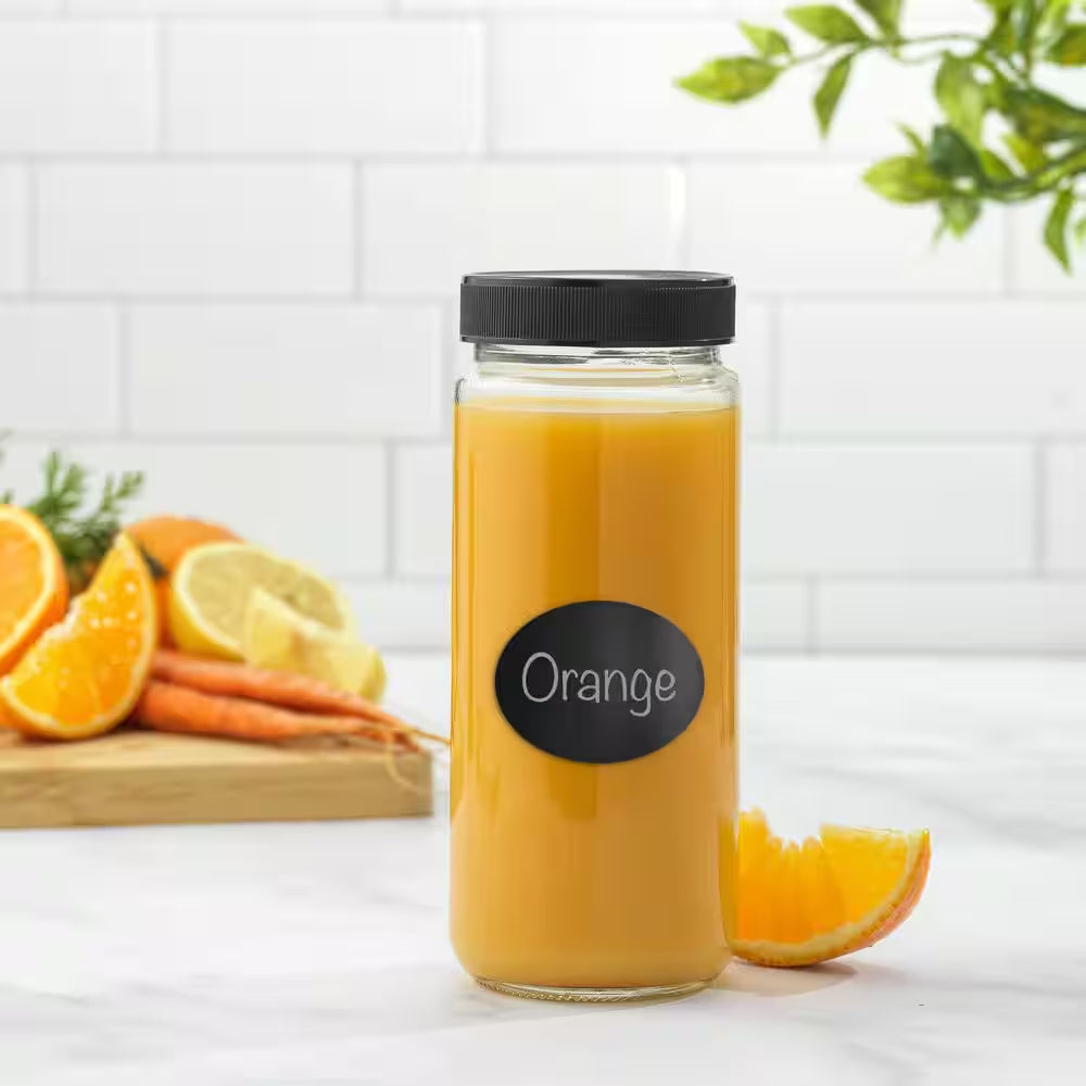 Reusable Glass 16 Oz. Black Juice Bottles with Lids (Set of 8)