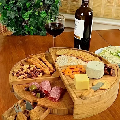 Cheese Board Cutlery Cutter Set with Slide Out Drawer - Kitchen Cooking Tools Slicer Fork Scoops Cut Storage Set
