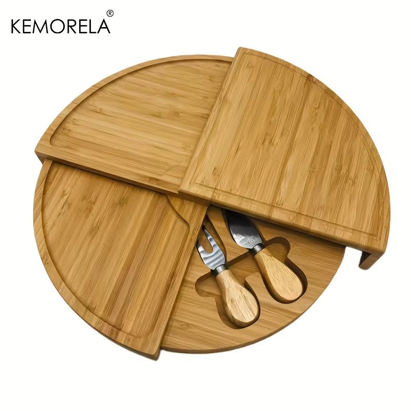 Cheese Board Cutlery Cutter Set with Slide Out Drawer - Kitchen Cooking Tools Slicer Fork Scoops Cut Storage Set