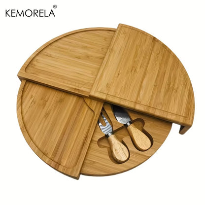 Cheese Board Cutlery Cutter Set with Slide Out Drawer - Kitchen Cooking Tools Slicer Fork Scoops Cut Storage Set