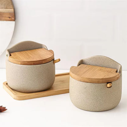 Japanese Style Ceramic Seasoning Jar Bamboo Lid Spice Jar with Spoon Kitchen Sugar Salt Spices Storage Box Household Container