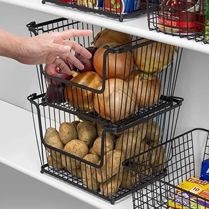 Farmhouse Scoop Storage Bin Wire Baskets with Handles, Stackable Basket Set Organizers for Home-Kitchen Pantry-Bathroom, Laundry, Closet Organization, Iron Metal (2-Pack, Black)