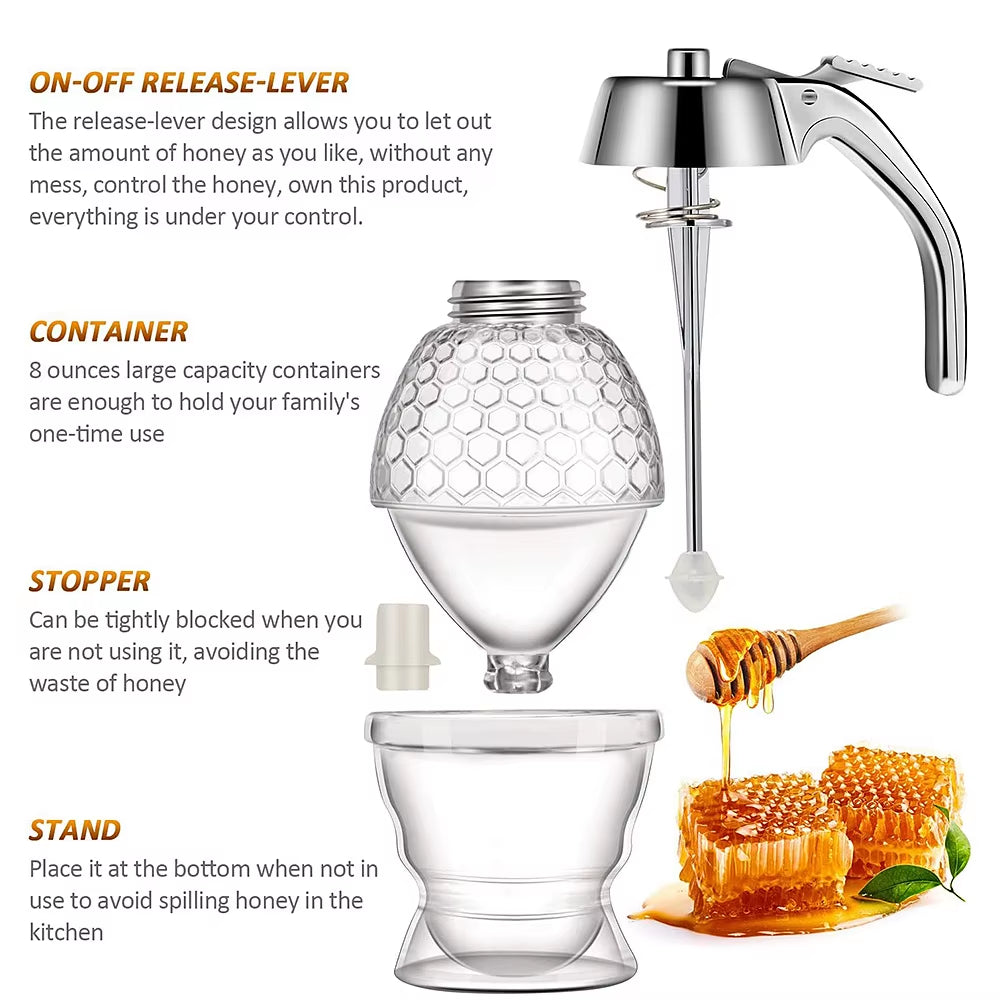 1Pc No Drip Glass Honey Dispenser with Stand Juice Syrup Cup Squeeze Bottle Storage Pot Honey Jar Container Kitchen Accessories