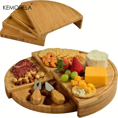 Cheese Board Cutlery Cutter Set with Slide Out Drawer - Kitchen Cooking Tools Slicer Fork Scoops Cut Storage Set
