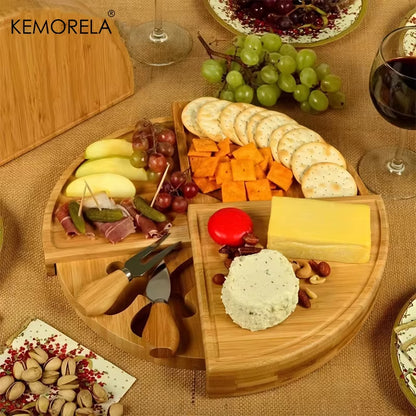 Cheese Board Cutlery Cutter Set with Slide Out Drawer - Kitchen Cooking Tools Slicer Fork Scoops Cut Storage Set