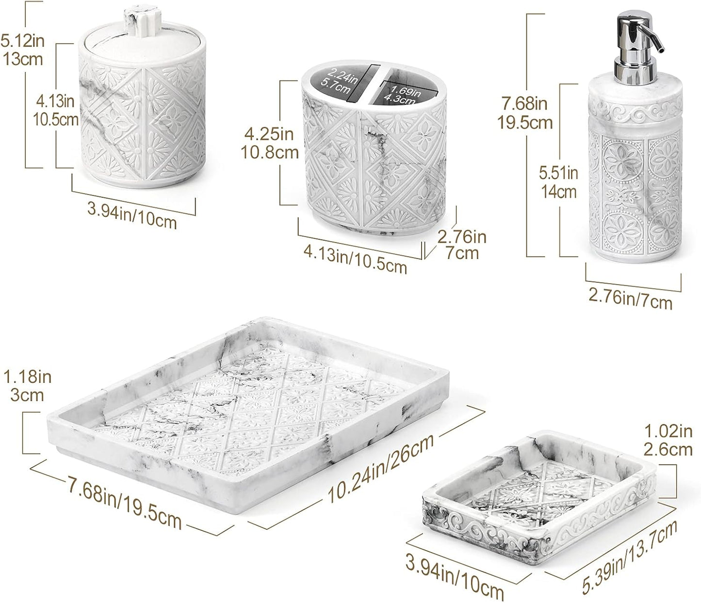 Bathroom accessories set featuring soap dispenser, dish, canister, toothbrush holder, and vanity tray in elegant design.