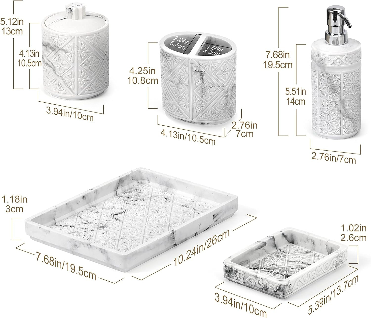 Bathroom accessories set featuring soap dispenser, dish, canister, toothbrush holder, and vanity tray in elegant design.