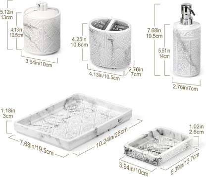Bathroom accessories set featuring soap dispenser, dish, canister, toothbrush holder, and vanity tray in elegant design.