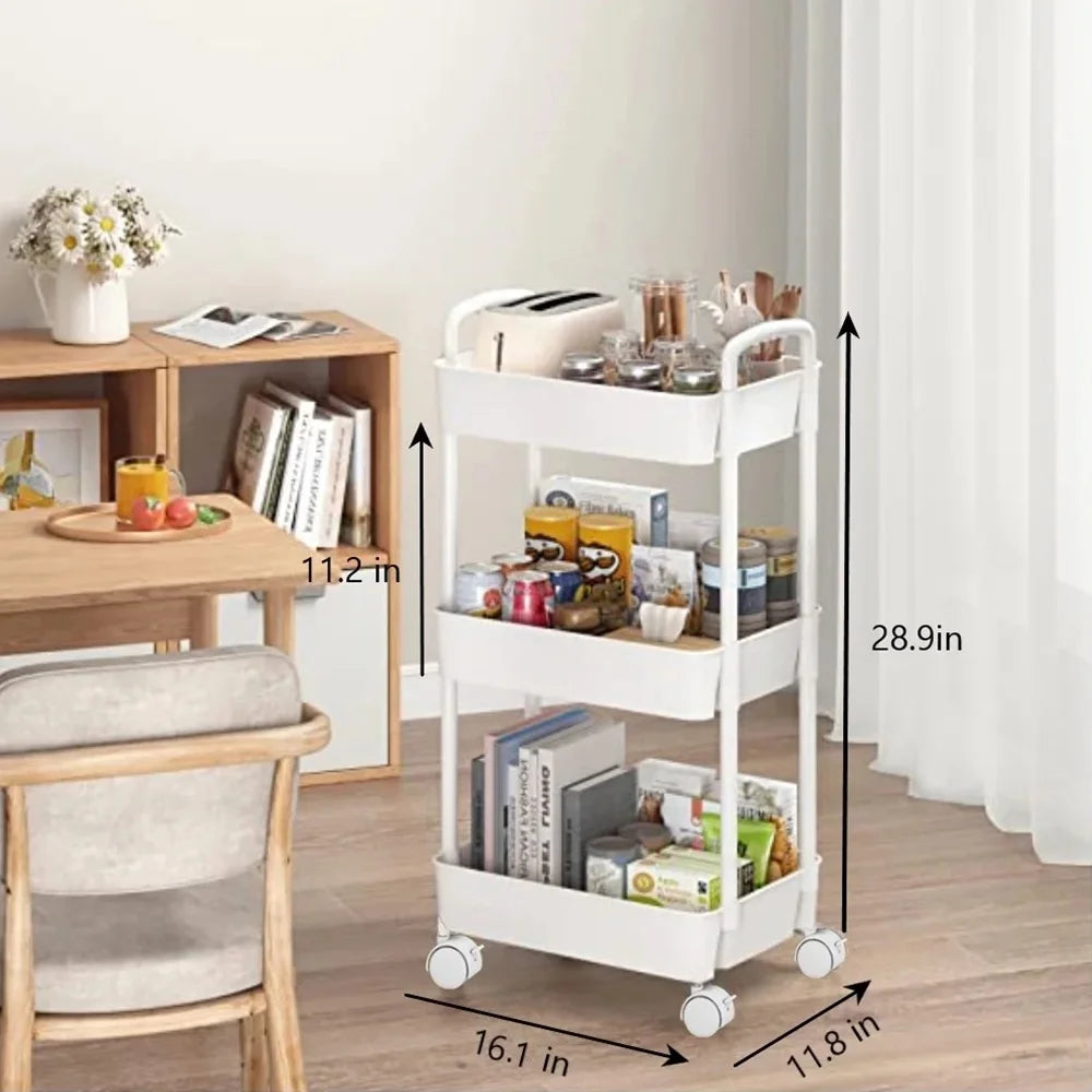 3-Tier Metal Rolling Storage Cart Shelves Rolling Utility Cart Organizer Cart Movable Storage Organizer Bathroom Kitchen Office Workshop White