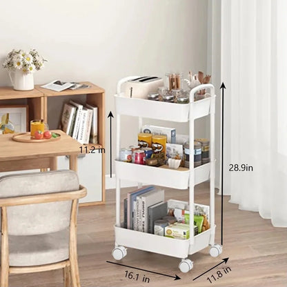 3-Tier Metal Rolling Storage Cart Shelves Rolling Utility Cart Organizer Cart Movable Storage Organizer Bathroom Kitchen Office Workshop White