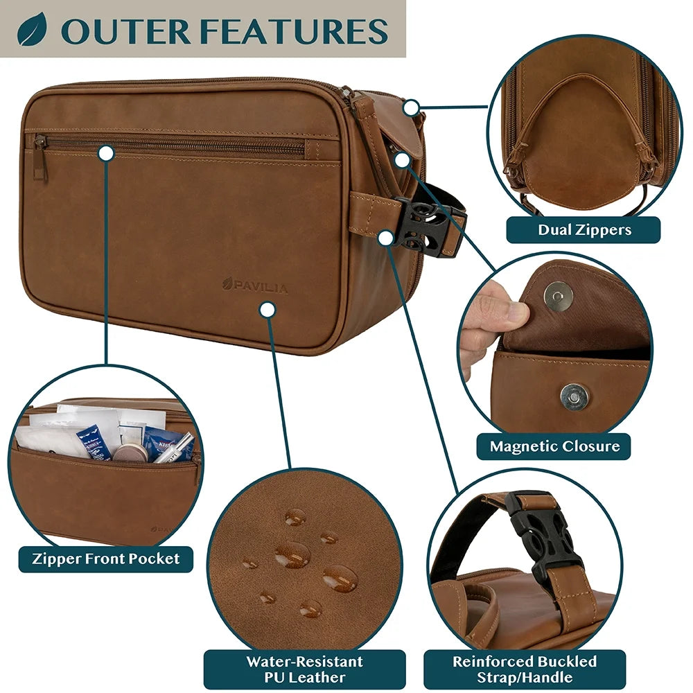 Mens toiletry bag featuring outer pockets, dual zippers, magnetic closure, and water-resistant PU leather.