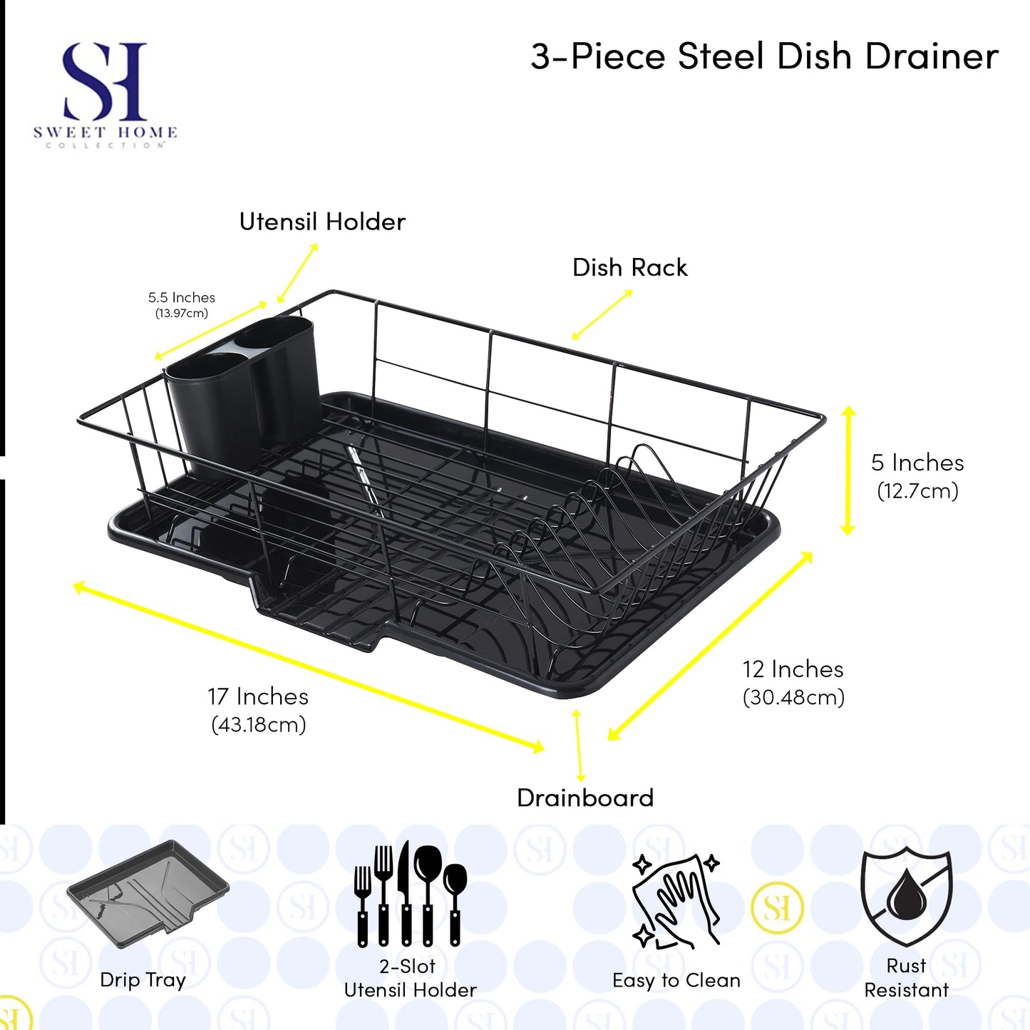 3-Piece Kitchen Sink Dish Drainer Set- Black