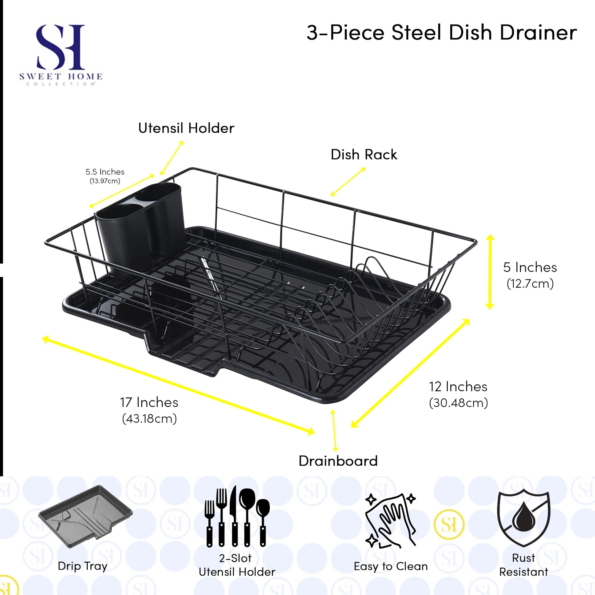 3-Piece Kitchen Sink Dish Drainer Set- Black
