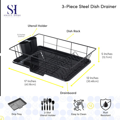 3-Piece Kitchen Sink Dish Drainer Set- Black