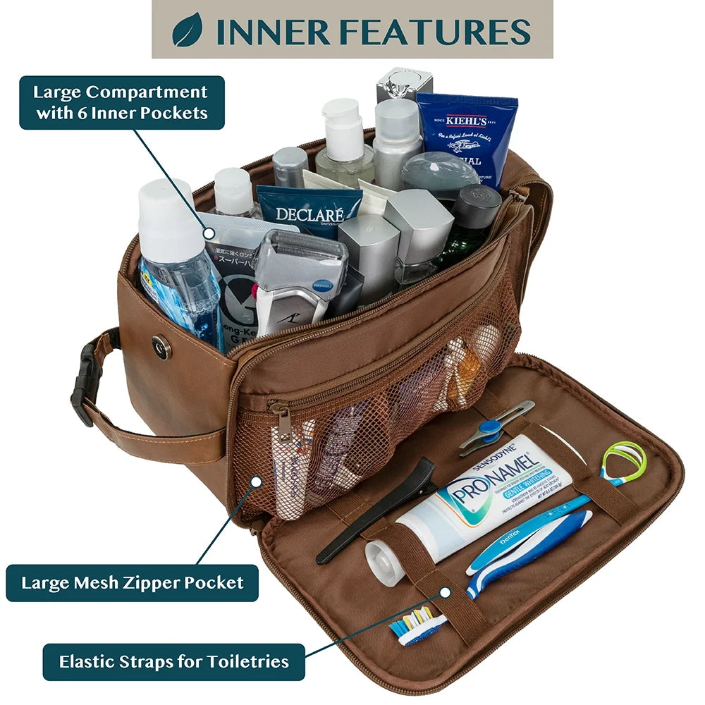 Mens toiletry bag with large compartment, mesh pockets, and elastic straps for organized travel grooming essentials.