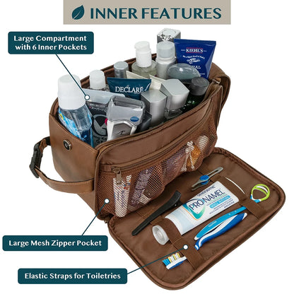Mens toiletry bag with large compartment, mesh pockets, and elastic straps for organized travel grooming essentials.