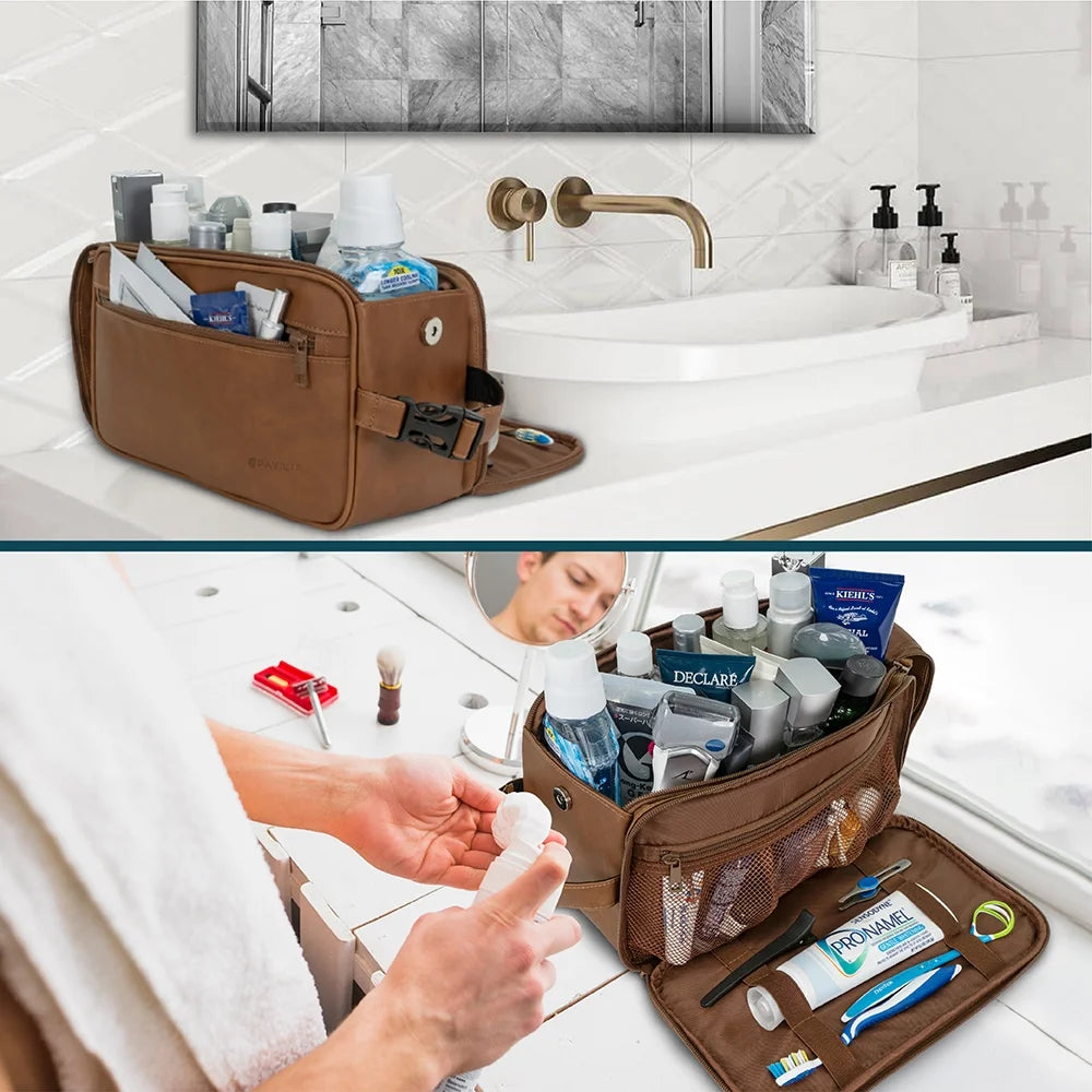 Mens toiletry bag travel organizer with toiletries and grooming items in a bathroom setting.