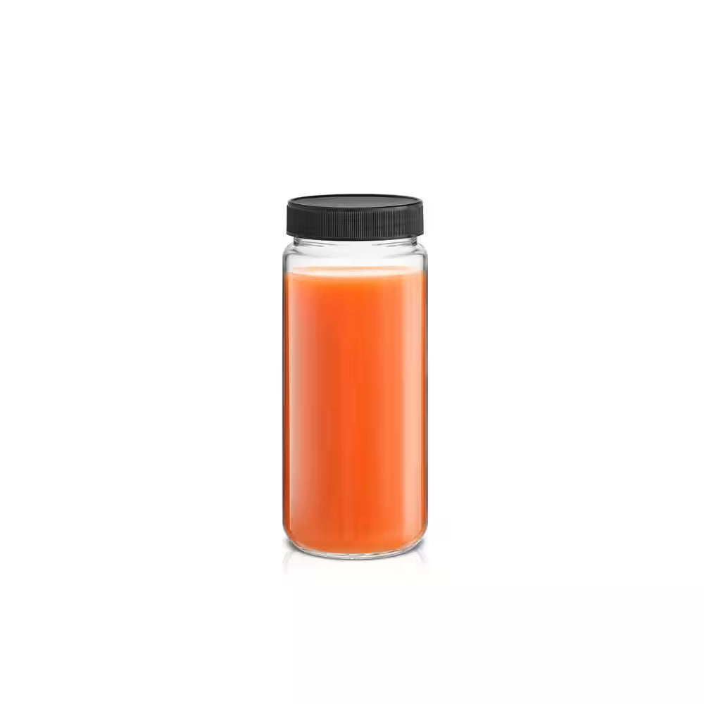 Reusable Glass 16 Oz. Black Juice Bottles with Lids (Set of 8)