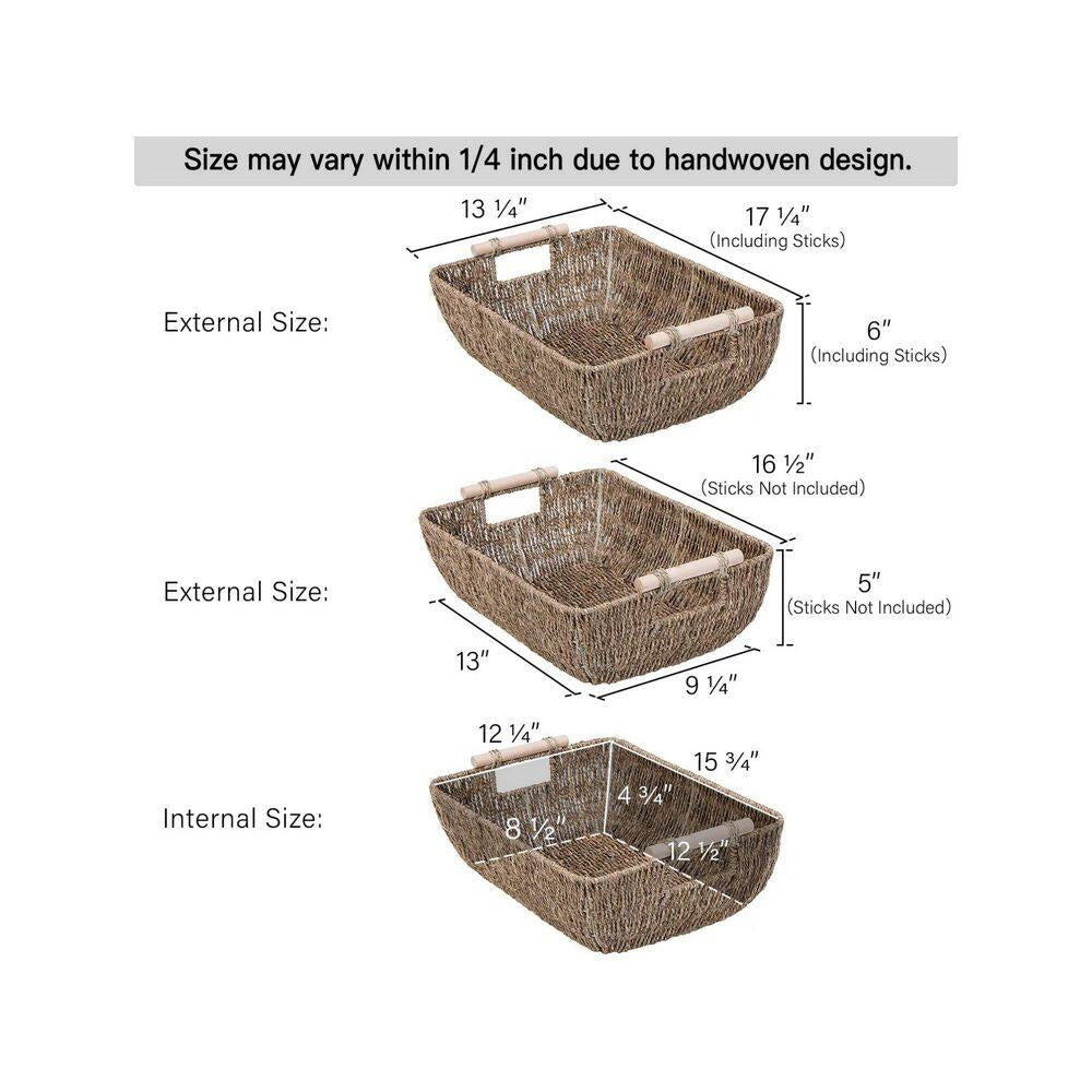2-Piece 17.25 In. Natural Seagrass Storage Basket Set with Wooden Handles, Hand-Woven Organizing Baskets