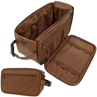 Mens toiletry bag in brown PU leather with large compartments and mesh pockets for travel organization.