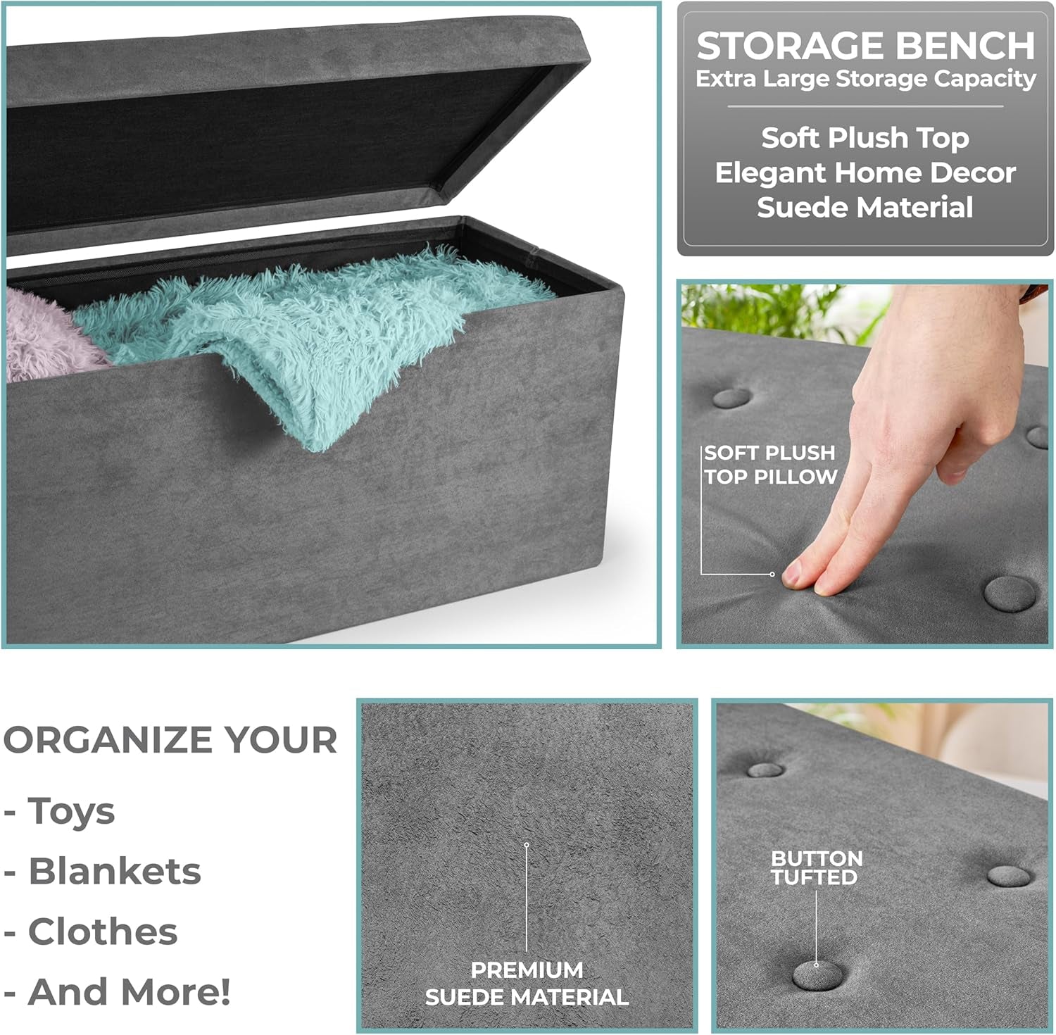 Storage Ottoman Bench – Collapsible/Folding Bench Chest with Cover – Perfect Toy and Shoe Chest, Hope Chest, Pouffe Ottoman, Seat, Foot Rest, – Contemporary Faux Suede (Gray)