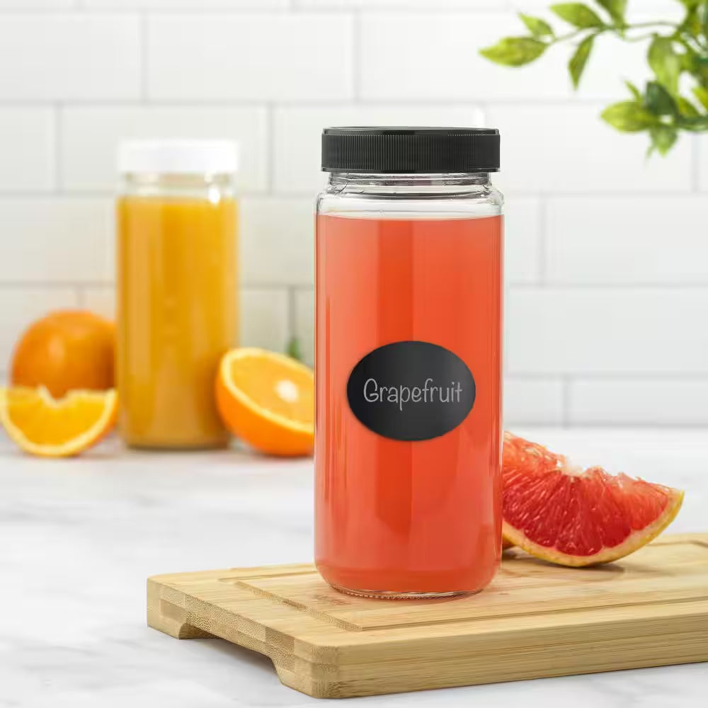 Reusable Glass 16 Oz. Black Juice Bottles with Lids (Set of 8)